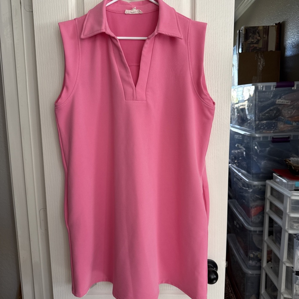 Entro Pink Sleeveless Textured V-Neck Collared‎ Mini Dress -large Pockets 4661